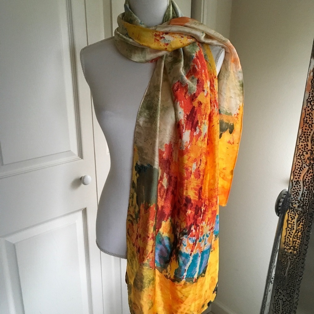 Orange, gold and teal scarf - Picture 2 of 3